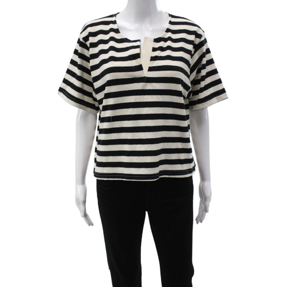 Perfect White Tee Women Black Striped Henley Basic Tee Recycled Cotton Size M
